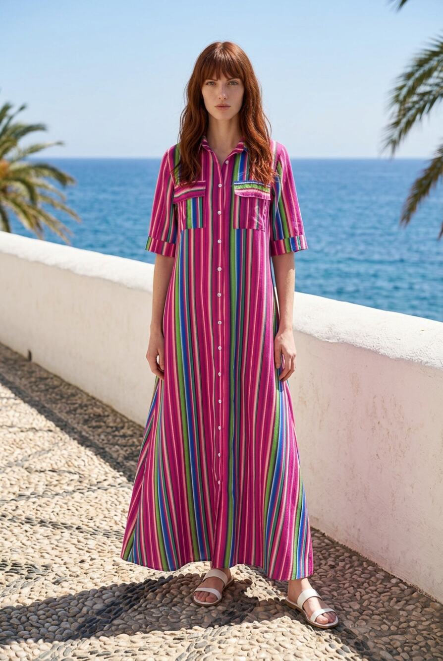 Stripey Button Down Shirt Dress Maxi L/XL Oversized Dopamine Kaleidoscope Boho